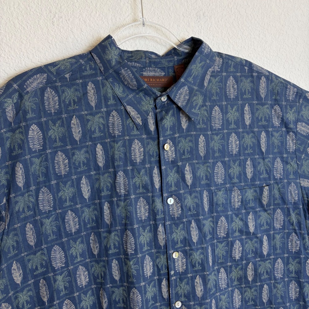 Tori Richard Honolulu Mens 2XL Blue Cotton Lawn Palm Tree Tropical Aloha Shirt